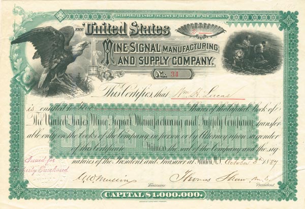 United States Mine Signal Manufacturing and Supply Co. - Gorgeous Stock Certificate